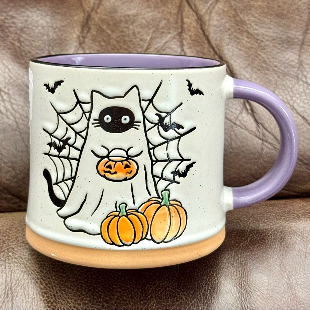 Black Cat Ghost with Pumpkins, Spider Web & Bats Ceramic Halloween Mug